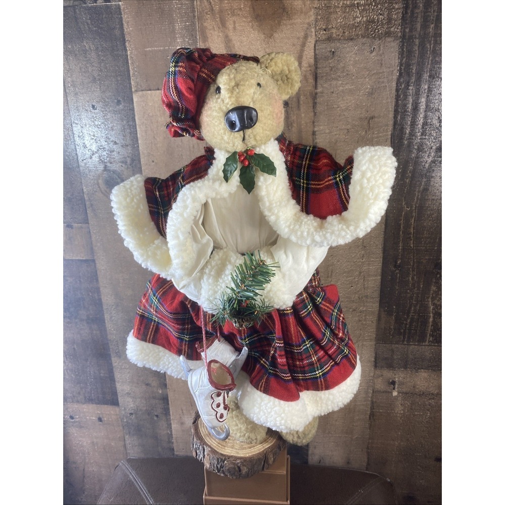 Vintage Silvestri Christmas Teddy Bear Figurine Wood Base Plaid Dress Ice Skates